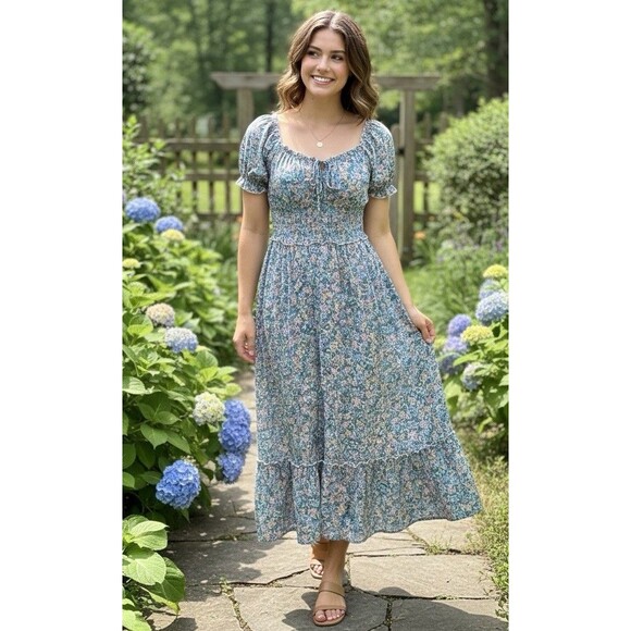Old Navy Women’s Floral Maxi Dress Cottagecore Prairie Smocked Waist Boho Sz XS - Picture 2 of 8